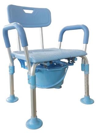 霧面陽極藍色方型座板無上層帶靠背板帶扶手大圓底腳墊帶圓形四耳便桶洗澡椅  型號：YM-F29-2